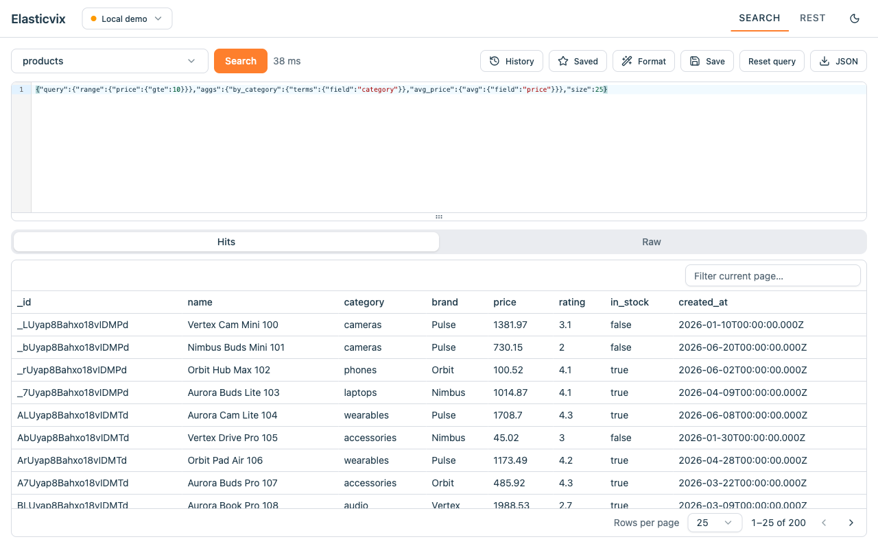 Search UI with hits table