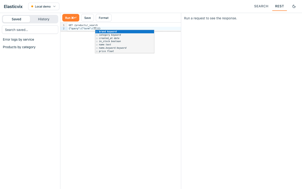 Query console with field-aware autocomplete
